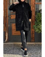 angora taşlı hırka siyah