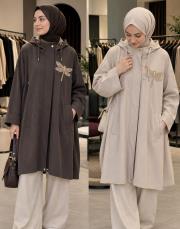 işlemeli trençkot camel