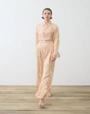 pastel desenli viskon rayon pile detaylı pantolon takım pudra 2