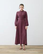 prime taşlanmış ipek brit düğmeli elbise bordo