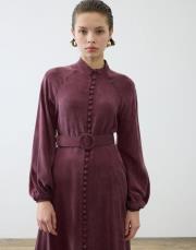 prime taşlanmış ipek brit düğmeli elbise bordo 2