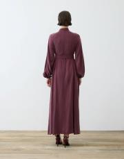 prime taşlanmış ipek brit düğmeli elbise bordo 4