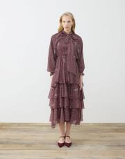 spring desenli şifon katlı elbise bordo