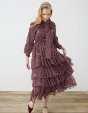 spring desenli şifon katlı elbise bordo 2