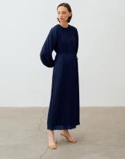 due şifon pliseli elbise lacivert